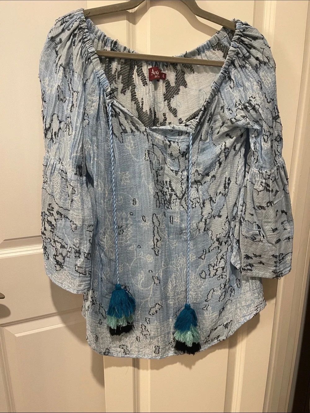 Avani Sel Amour Light Blue Peasant Top with Tassel Accents
